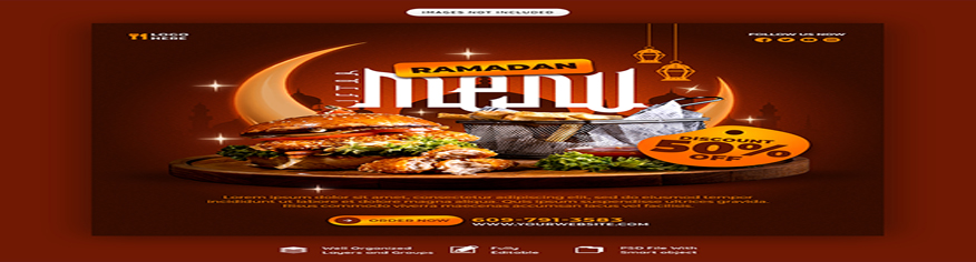 تصميم PSD لمواقع التواصل للترويج لعروض الطعام في شهر رمضان